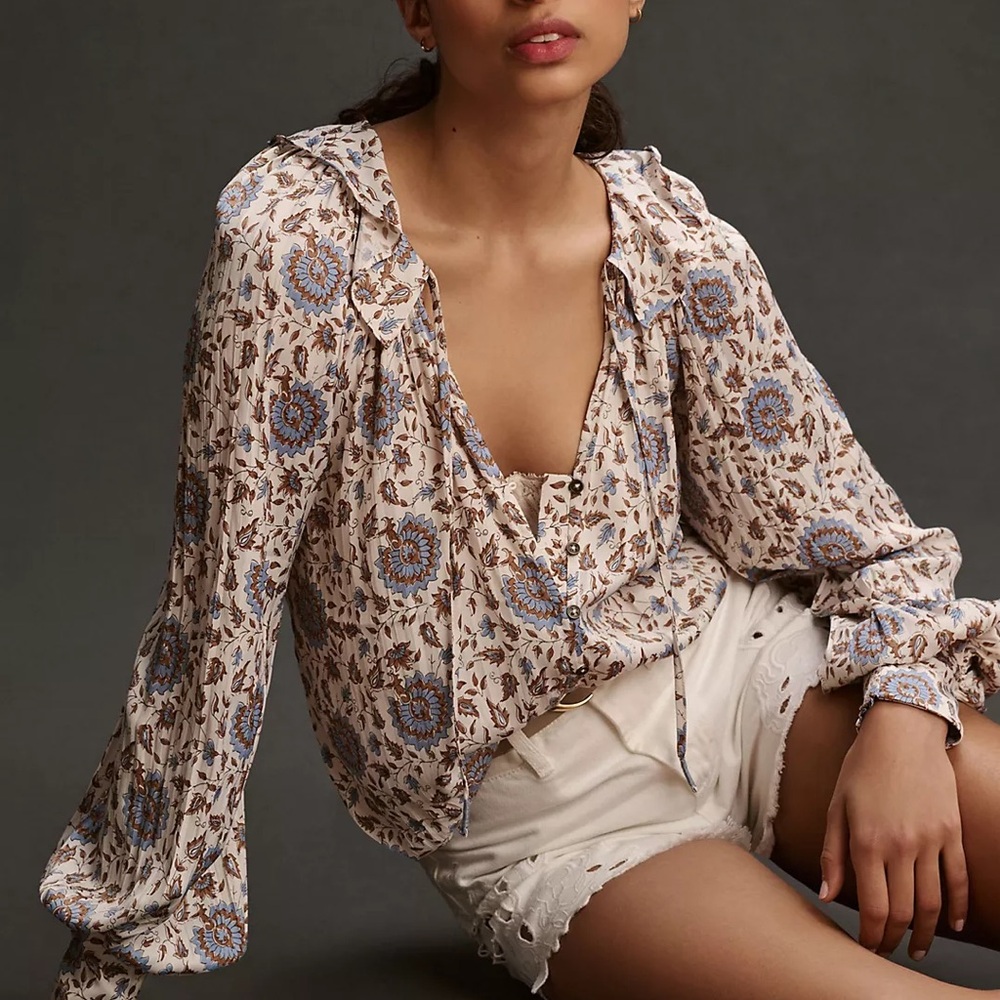 Anthropologie Cream Floral Peasant Blouse with Blue and Brown Print